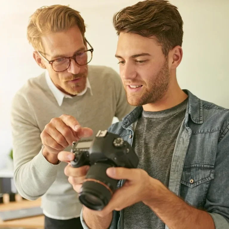 Hombre explicando camara a joven